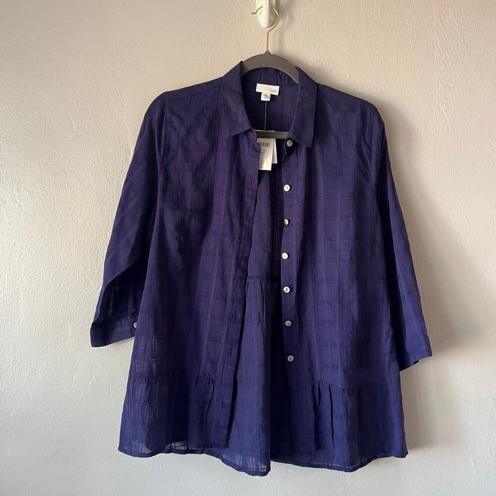 J. Jill navy blue jacquard 3/4 sleeves elliptical tunic button down shirt NWT